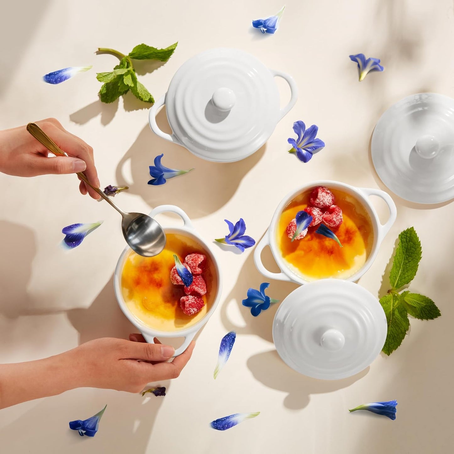 Kook Ceramic Mini Cocotte Set, Small Casserole Dishes with Lids and Handles, Individual Baking Ramekins, Oven, Microwave & Dishwasher Safe, Stoneware, 12 oz, Set of 4 (Swiss White)