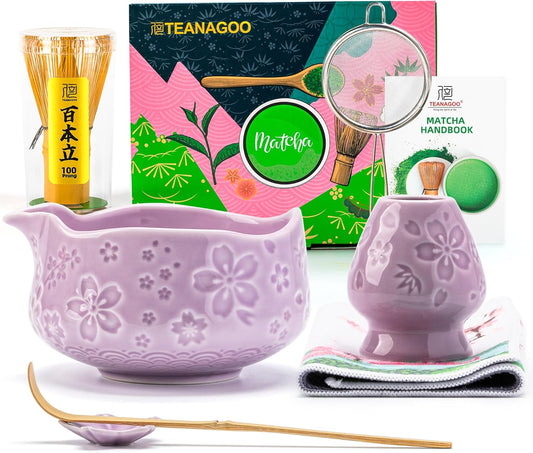TEANAGOO 7-PCS Purple Matcha Whisk Set with Cherry Blossom Design, Complete Ceremony Kit, Ceramic Chawan Bowl with Spout, Whisk & Accessories, Traditional Matcha Tea Set for Lattes& Gift Giving