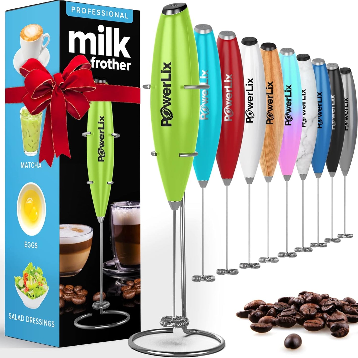 PowerLix Powerful Handheld Milk Frother With Stand Battery Operated Foam Maker Frother Wand For Coffee (A Black) (Green)