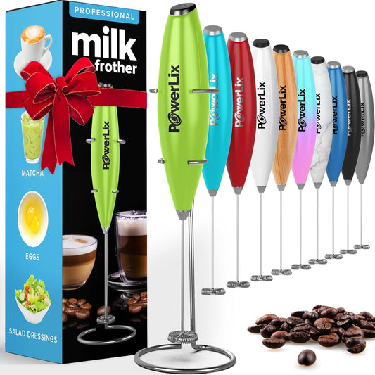 PowerLix Powerful Handheld Milk Frother With Stand Battery Operated Foam Maker Frother Wand For Coffee (A Black) (Green)