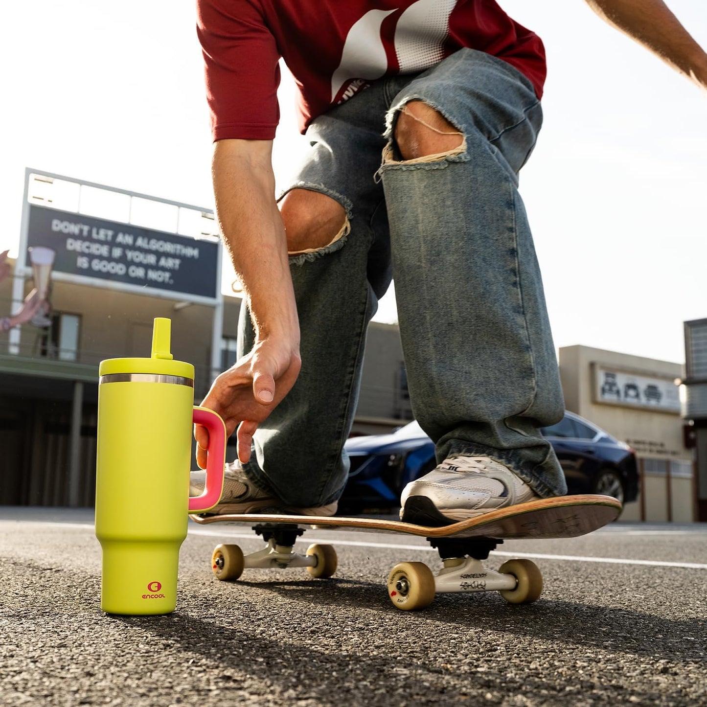 ENCOOL 40 oz Tumbler with Handle and Straw: Stainless Steel Insulated Tumbler Keeps Cold for 24 Hours, Leakproof Travel Cup Fits in Cup Holder and BPA-Free,Acid Green