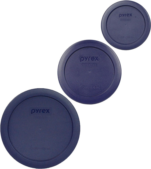 Pyrex Bundle - 3 Items: (1) 7200-PC 2-Cup, (1) 7201-PC 4-Cup, (1) 7202-PC 1-Cup Blue Plastic Lids Made in the USA