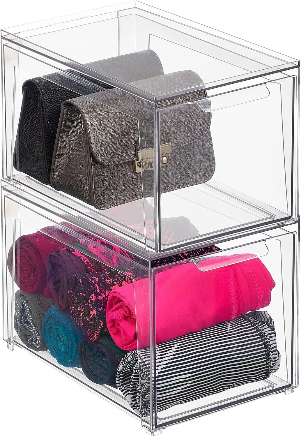 mDesign Plastic Stackable Closet Storage Organizer Bins with Pull Out Drawer for Cabinet, Desk, Shelf, Cupboard, or Dresser Organization - Lumiere Collection - 2 Pack - Clear