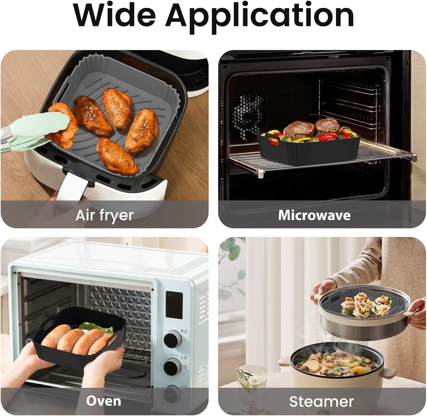 Redfly 2 Pack Silicone Air Fryer Liners, Square Reusable Non-Stick Basket Inserts for 4-5 QT Air Fryers, Dishwasher Safe Parchment Paper Replacement Accessories Gray & Black