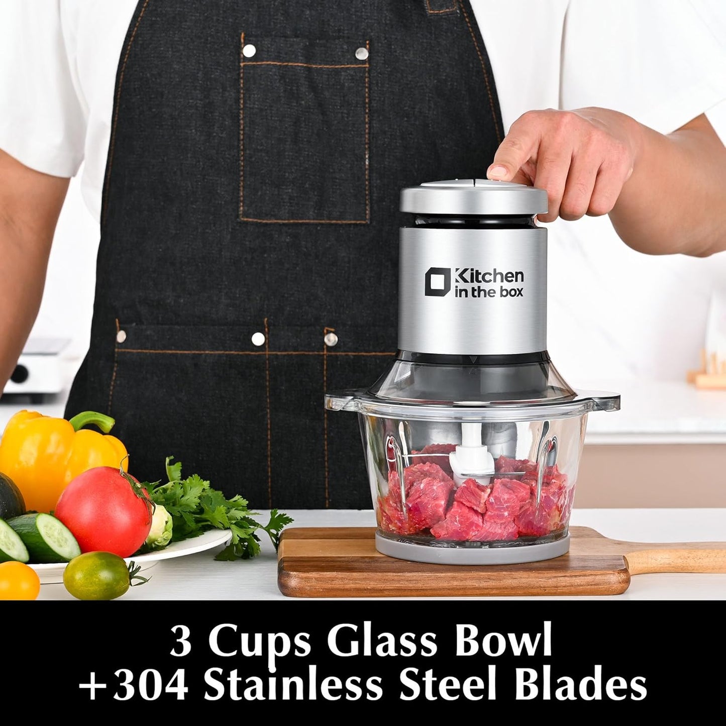 Kitchen in the box Mini Food Processor, Electric Meat Grinder & Food Chopper with 400W Powerful Veggie Chopper-One 3 Cup Bowl & S Blades for Meat/Fish/Vegetable/Baby Food