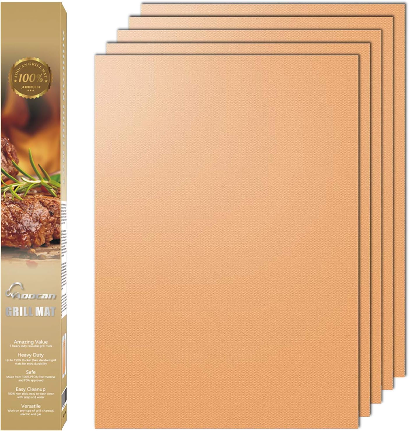 AOOCAN Copper Grill Mat Set of 5 - Non-Stick BBQ Outdoor Grill, Copper Grilling Mats Reusable and Easy to Clean, Works on Electric Grill Outdoor Gas Charcoal BBQ as Seen on TV-15.75 x 13 Inch