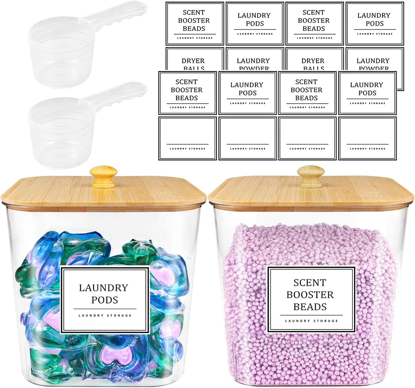 2 Pack Laundry Pods Container,Laundry Room Organization and Storage Containers with Wooden Lids & Labels Large Laundry Detergent Container for Powder,Scent Booster,Pods,Dryer Ball