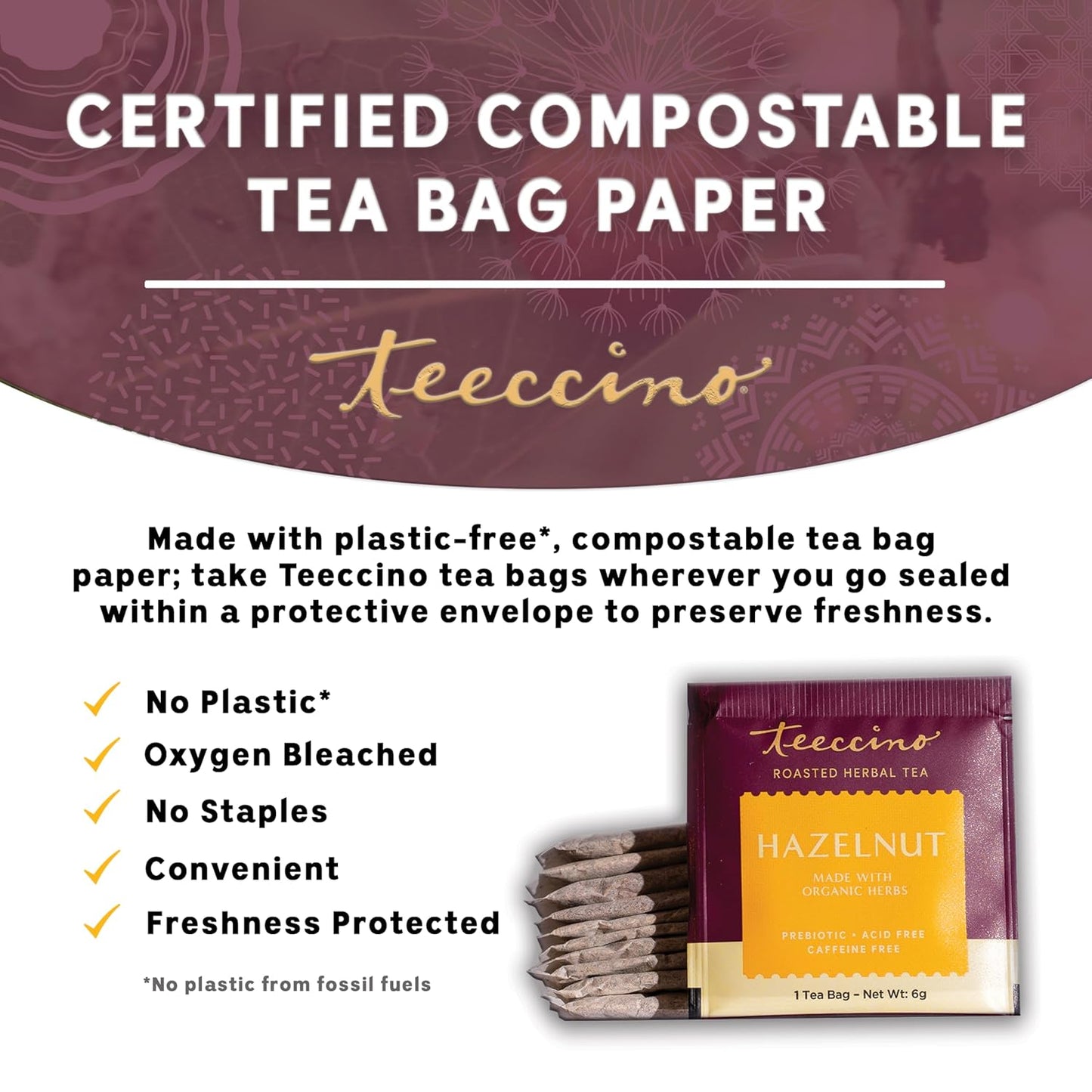 Teeccino Hazelnut Roasted Herbal Tea - Caffeine Free, Prebiotic, 3x More Herbs - 10 Tea Bags