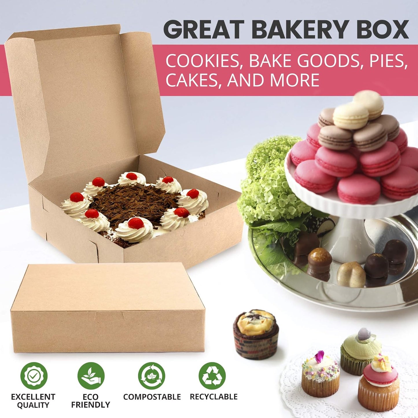 Fit Meal Prep 25 Pack Kraft Bakery Boxes, 8 x 8 x 3 Inches Brown Pastry Boxes, Cardboard Treat Boxes Pie Boxes Cookie Boxes Dessert Boxes for Cupcakes, Chocolates, Donuts, Macarons