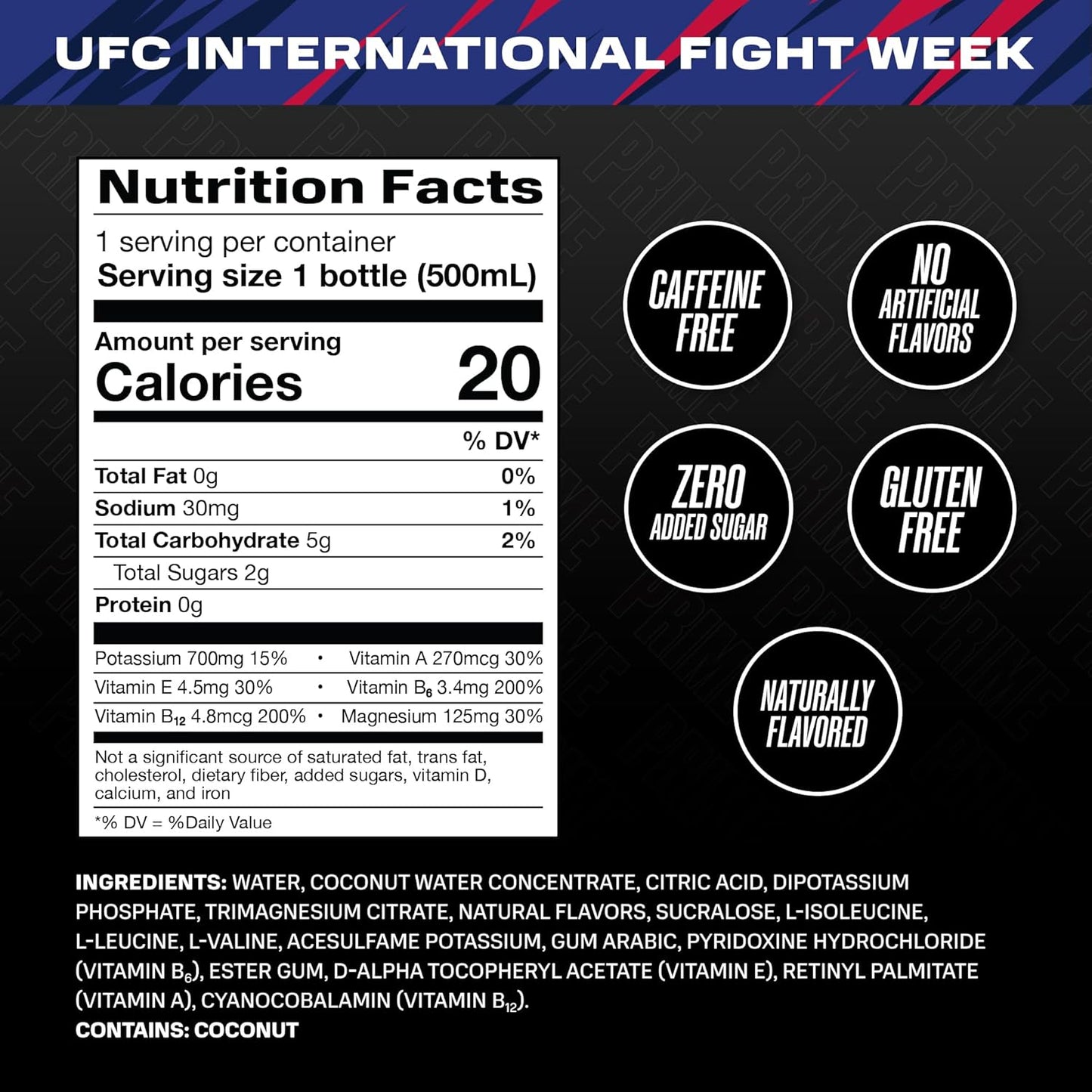 PRIME Hydration UFC, Sports Drinks, Electrolyte Enhanced for Replenishing Fluids, 250mg BCAAs, B Vitamins, Antioxidants, Low Sugar, 16.9 Fl Oz, 12 Pack