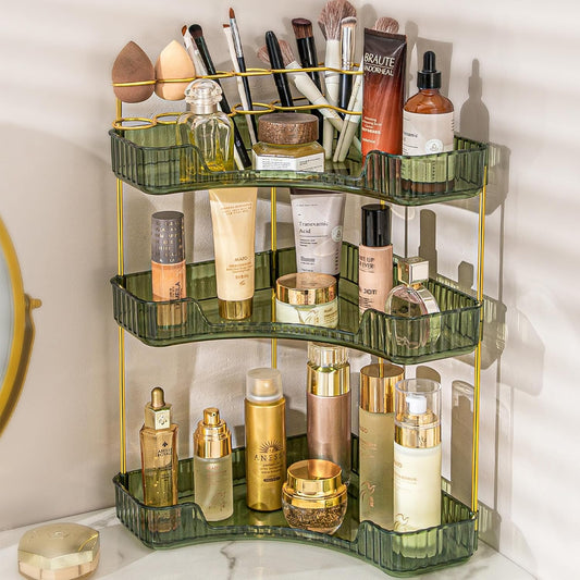 Upgraded 3-Tier Corner Bathroom Countertop Organizer – Spacious Storage for Makeup, Skincare & Perfumes, Built-in Brush Holder Fits Vanity/Dresser/Bsthtub (Sage Green)