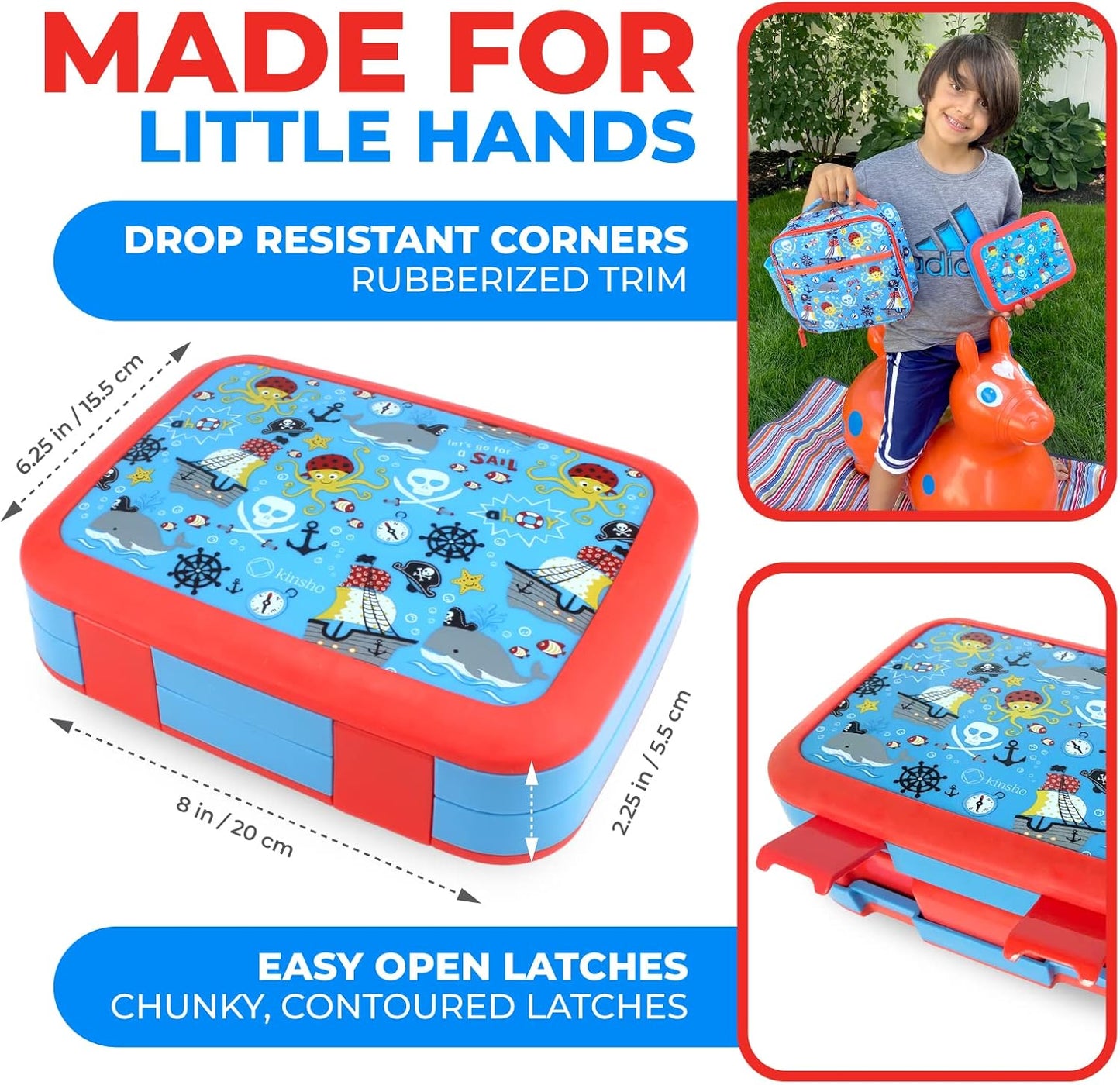 Bento Box with Insulated Lunch Bag, Ice Pack & Water Bottle Set for Kids - 5 Compartments Removable Tray Lunches or Snack Container Boys Toddlers Daycare Pre-School, Blue Pirates