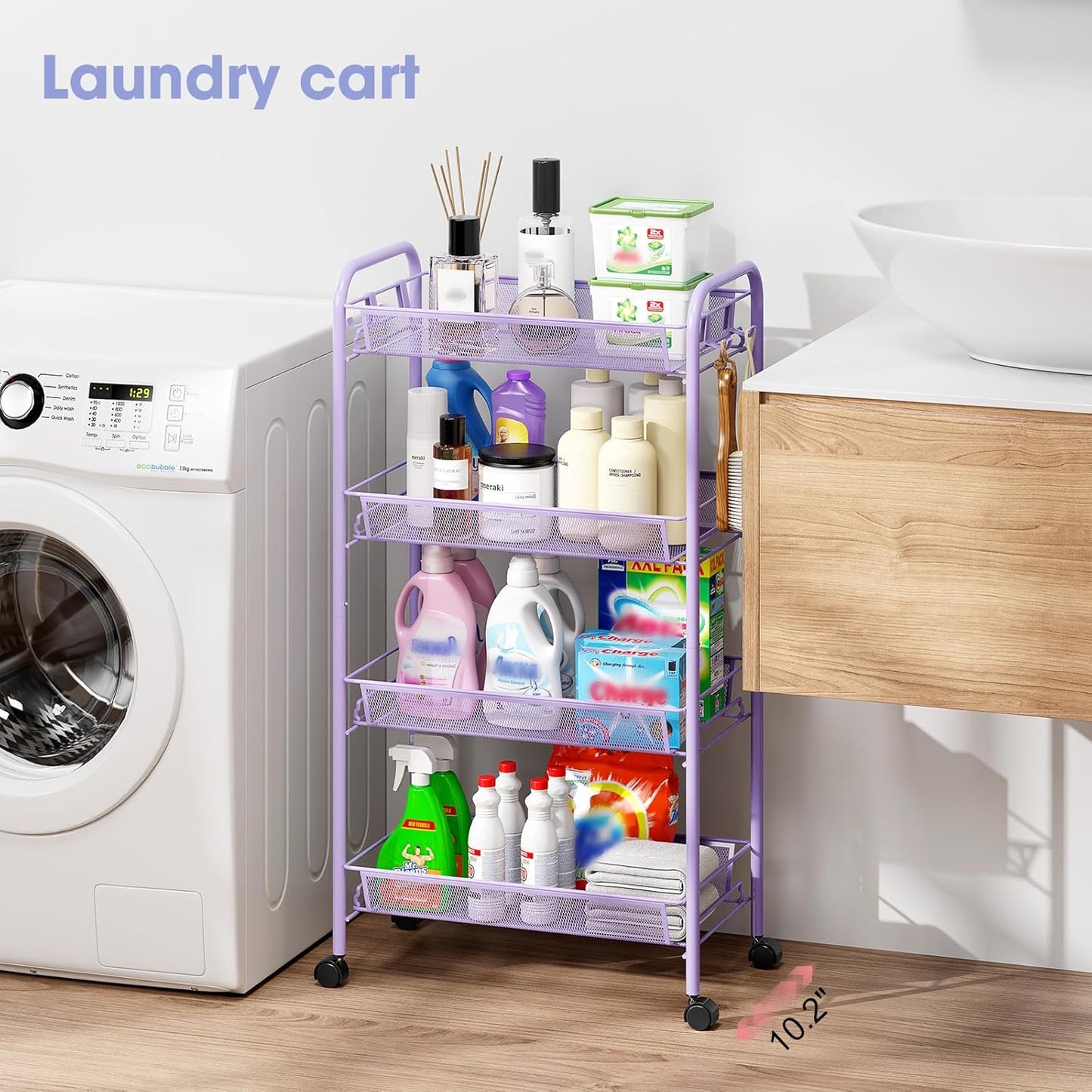 TOOLF 4-Tier Rolling Cart, Metal Utility Cart with 3 Hooks, Easy Assemble Mobile Storage Trolley On Wheels, Metal Shelving Units Kitchen Bathroom Laundry Room