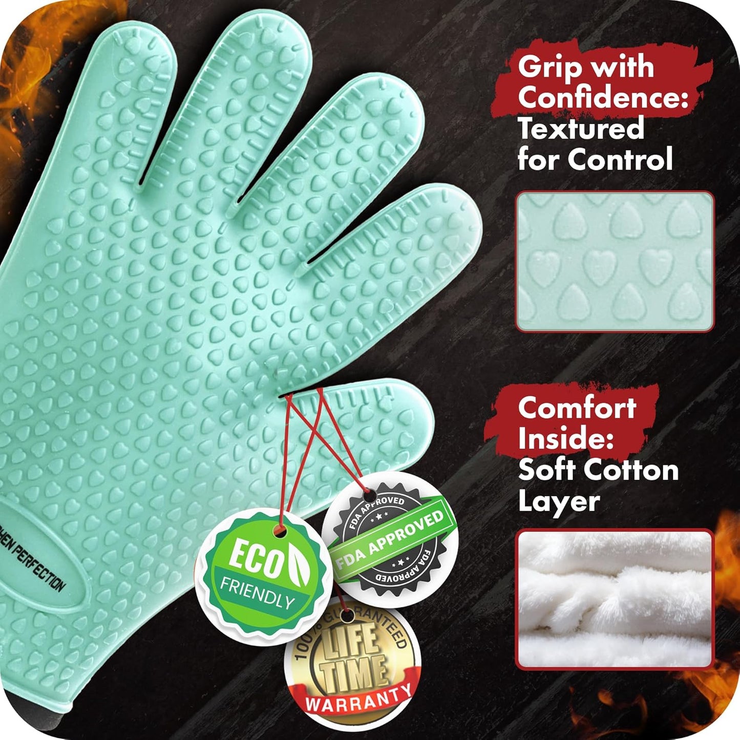 KITCHEN PERFECTION S Silicone Smoker Oven Gloves -Extreme Heat Resistant BBQ Gloves -Handle Hot Food Right on Your Grill Fryer Pit|Waterproof Oven Mitts |Superior Value Set+3 Bonuses
