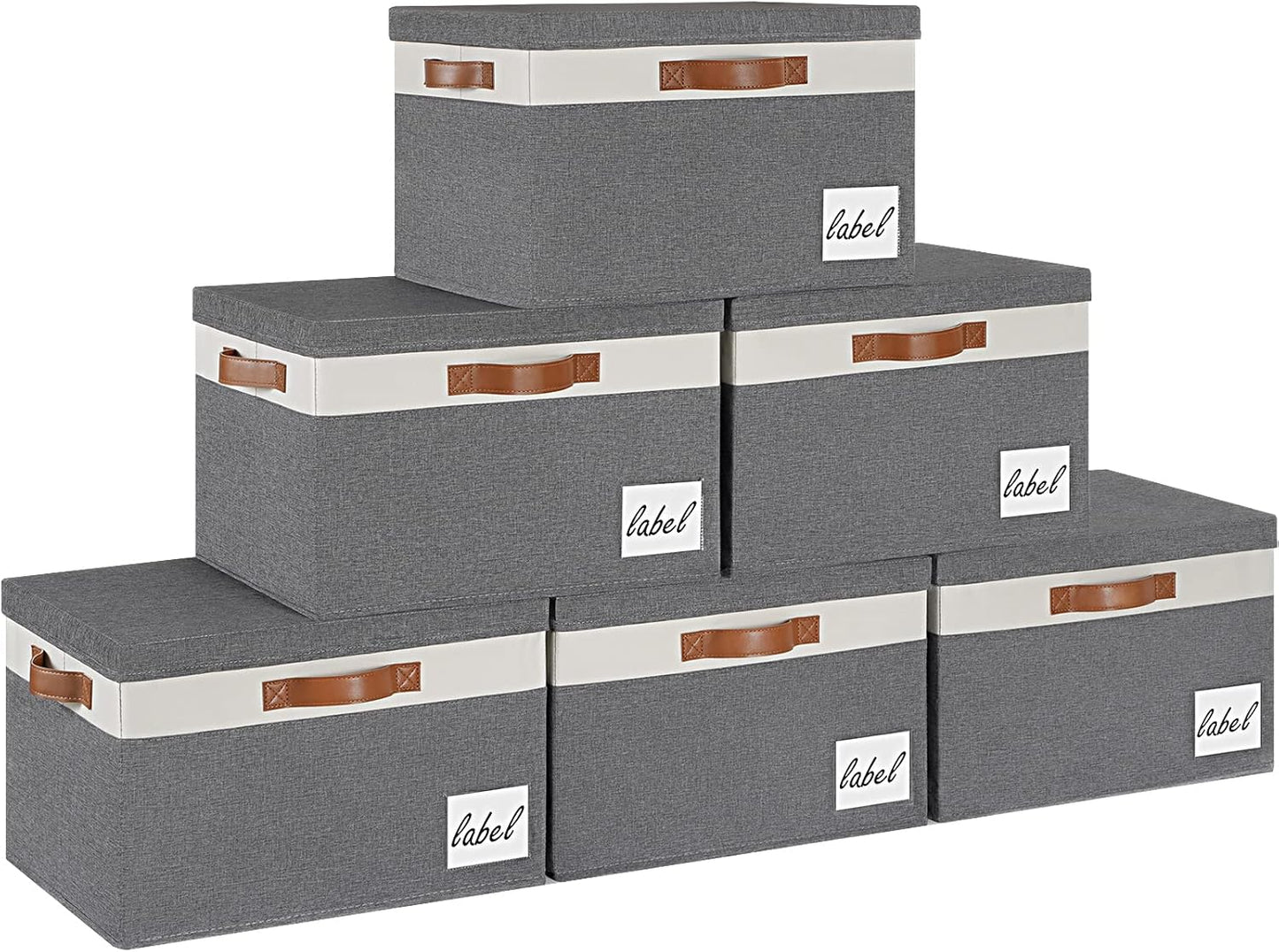 GhvyenntteS Extra Large Storage Bins with Lids 6 Pack, Foldable Fabric Storage Boxes with Lids and 3 Leather Handles, Storage Baskets with Label Window (Grey, 15.75" x 11.8" x 10.2")