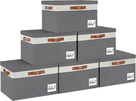 GhvyenntteS Extra Large Storage Bins with Lids 6 Pack, Foldable Fabric Storage Boxes with Lids and 3 Leather Handles, Storage Baskets with Label Window (Grey, 15.75" x 11.8" x 10.2")