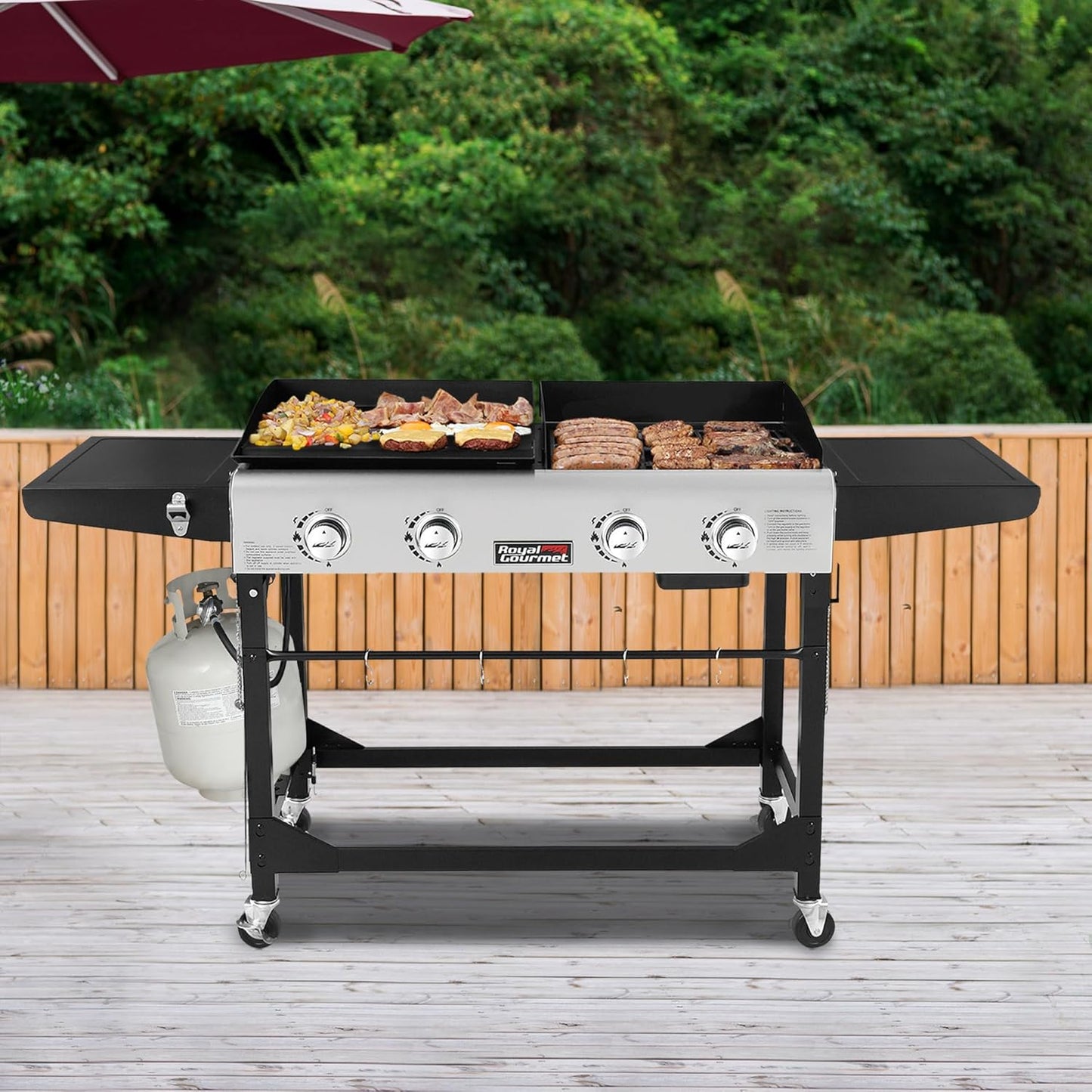 Royal Gourmet GD401C 4-Burner Propane Gas Grill and Griddle Combo with Cover, Griddle Grill Combo with 48,000 BTUs Output for Outdoor Cooking While Camping or Tailgating, Black & Silver