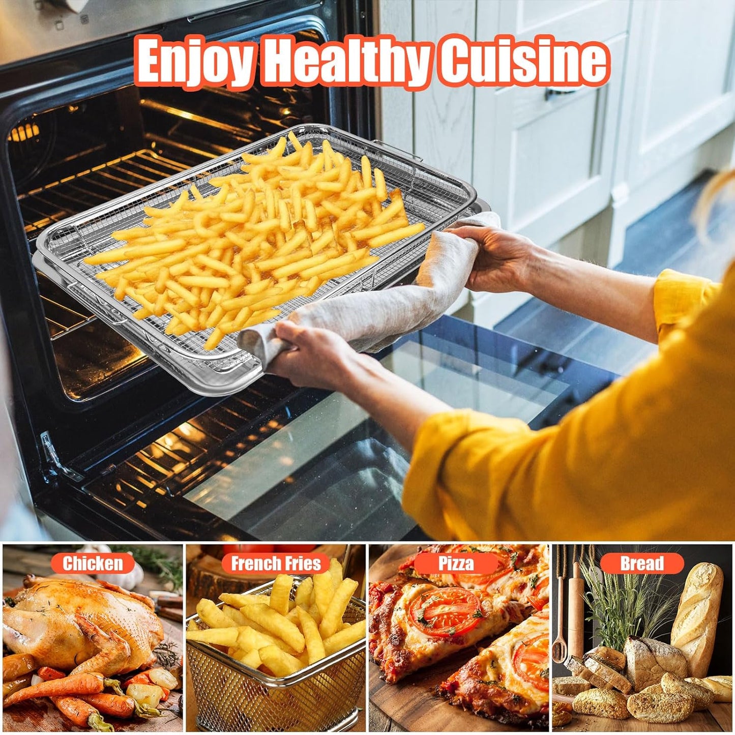 Air Fryer Basket for Oven 15.6" x 11.6",With Basket and Tray Set,Non-Stick Stainless Steel Oven Air Fryer,With 100 PCS Parchment Papers