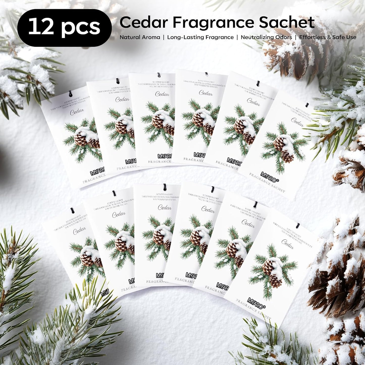 MYARO 12 Packs Cedar Scented Sachets for Drawer and Closet, Fresh Scents Drawer Deodorizers Long Lasting Air Freshener for Home Car House Fragrance