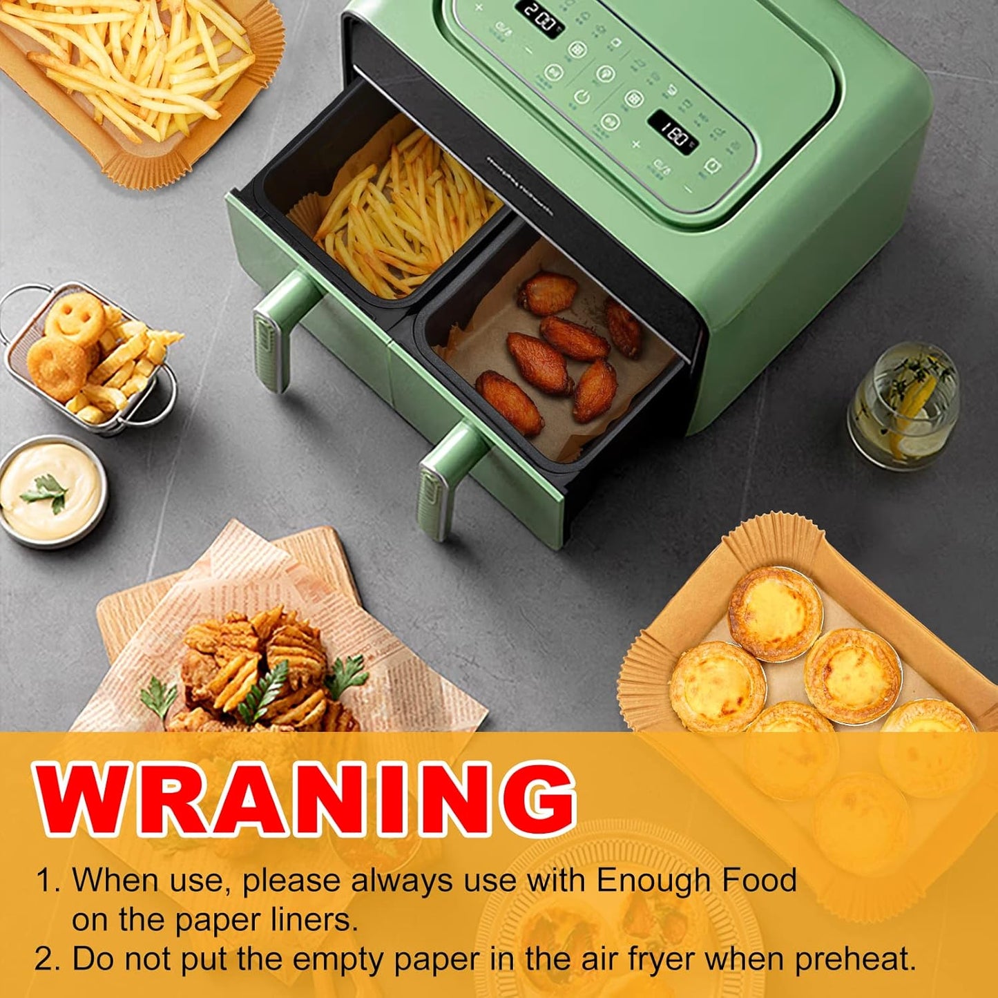 Vailnd Air Fryer Liners Disposable for Dual Basket, 100Pcs 8x5.5 Inch Rectangle Air Fryer Paper Liner for Ninja DZ201 DZ401, Chefman/COSORI 2-Basket, Oil Proof Parchment Paper