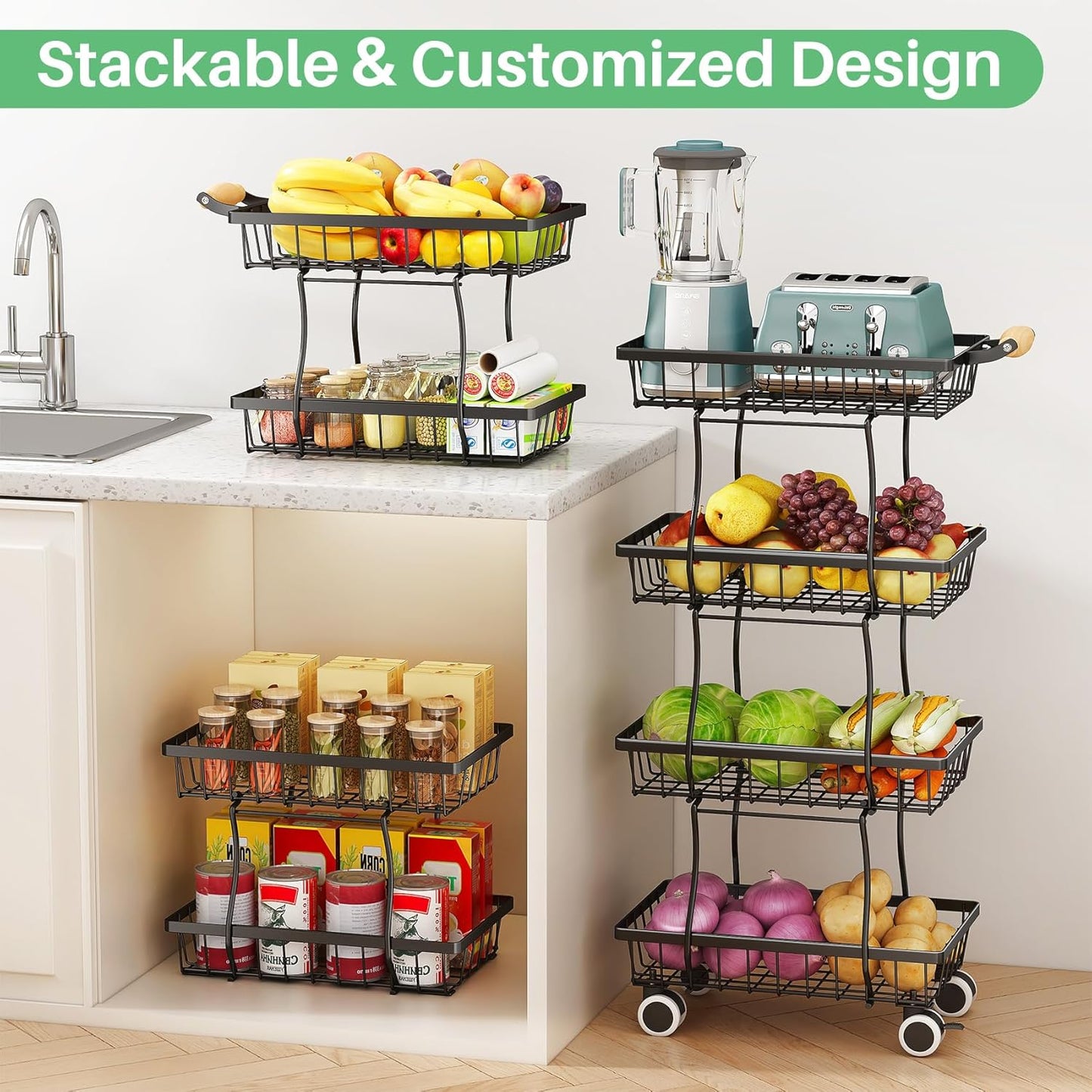Fruit Basket Kitchen Pantry Organizers and Storage - 4 Tier Stackable Metal Wire Basket Stand for Fruit Vegetable Snacks Jars Bins Containers Organization, Black