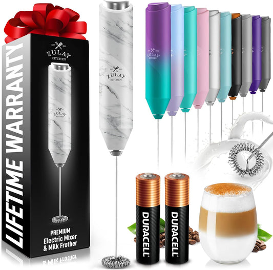 Zulay Kitchen Milk Frother Handheld with 2 Duracell AA Batteries – Electric Drink Mixer for Coffee, Lattes, Cappuccinos, Matcha & Hot Chocolate – Portable Foam Maker & Coffee Bar Accessory