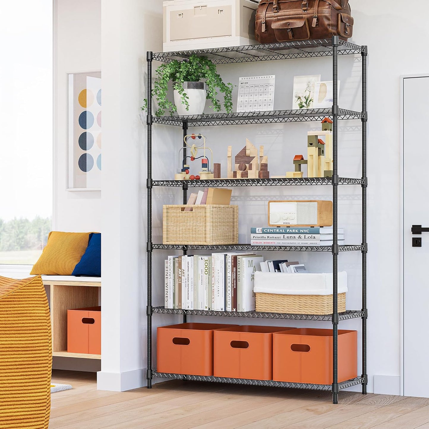 6 Tiers Storage Shelves Load 2100LBS, Metal Shelving Wire Metal Shelving Unit Shelves for Storage Adjustable Garage Shelving for Pantry Kitchen Garage Black 17.7" D x 47.3" W x 82.4" H