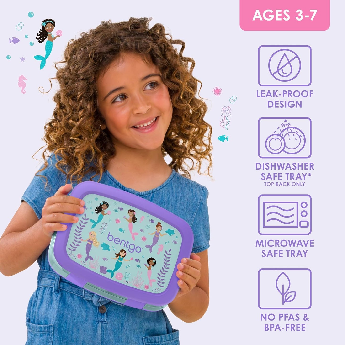 Bentgo Kids Prints Leak-Proof, 5-Compartment Bento-Style Kids Lunch Box - Ideal Portion Sizes for Ages 3-7, Durable, Drop-Proof, Dishwasher Safe, & PFAS & BPA-Free Materials (Mermaids in the Sea)