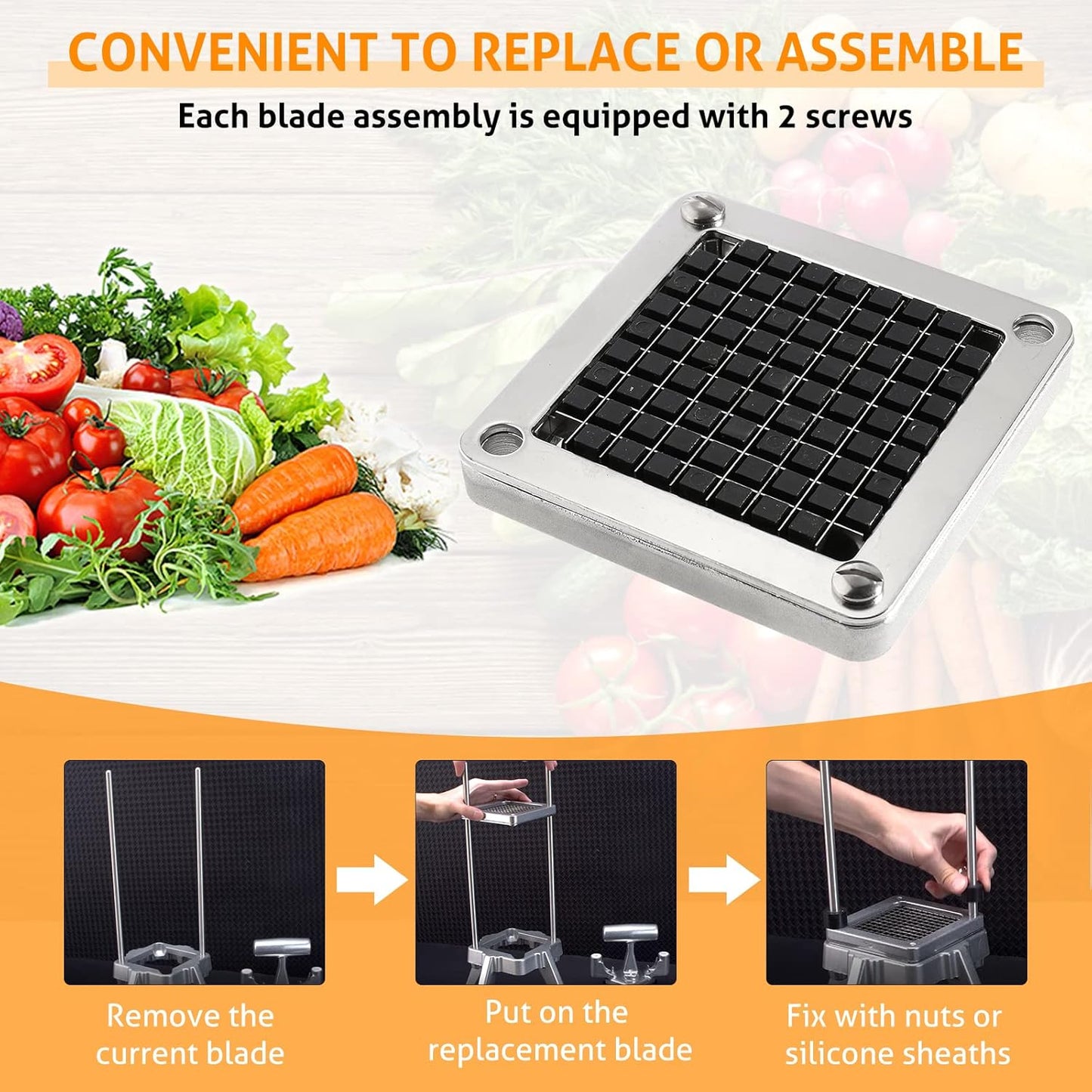 WICHEMI Replacement Chopper Blade 3/8" Stainless Steel Onion Chopper Dicer Blades and Pusher Block for Tomato Dicer French Fry Cutter