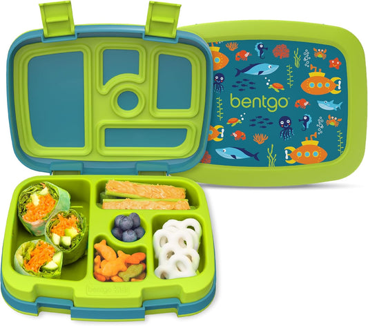Bentgo Kids Prints Leak-Proof, 5-Compartment Bento-Style Kids Lunch Box - Ideal Portion Sizes for Ages 3-7, Durable, Drop-Proof, Dishwasher Safe, & Made with BPA-Free Materials (Submarine)