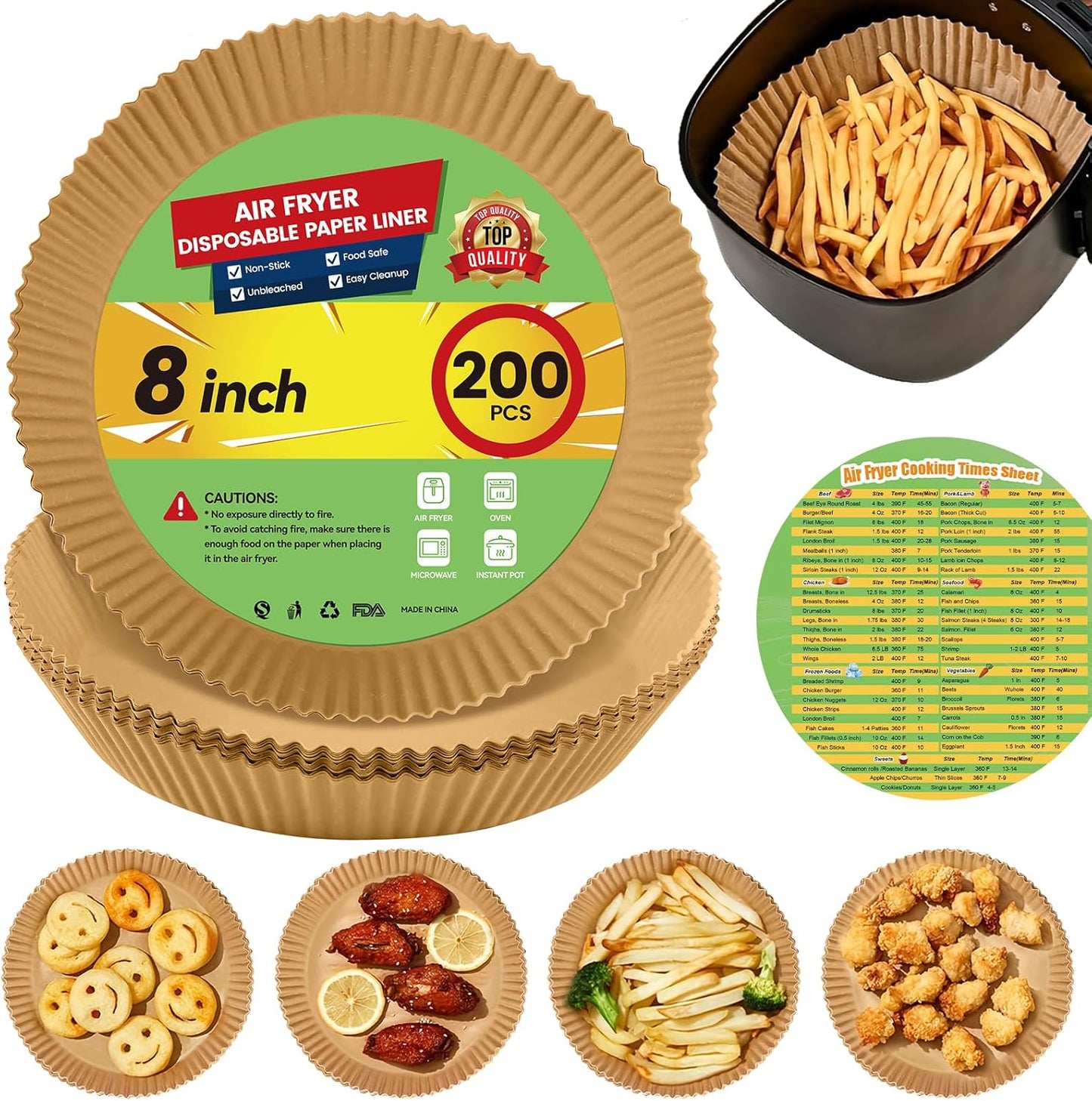 Air Fryer Paper Liners Disposable: 200Pcs 8 Inch Special Round Liners for Air Fryer, Grease and Water Proof Non Stick Basket Parchment Paper