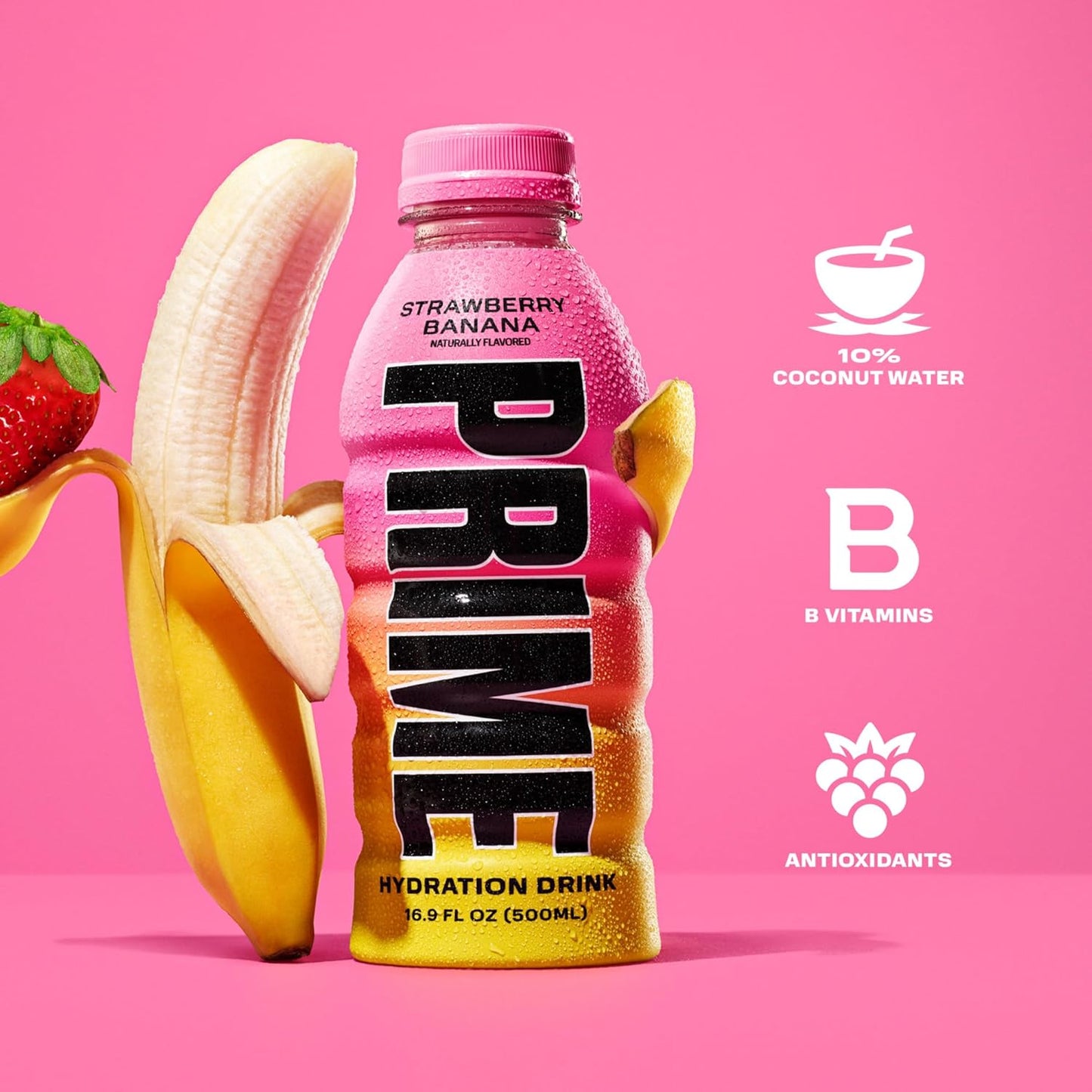 PRIME Hydration STRAWBERRY BANANA, Sports Drinks, Electrolyte Enhanced for Replenishing Fluids, 250mg BCAAs, B Vitamins, Antioxidants, Low Sugar, 16.9 Fl Oz, 12 Pack
