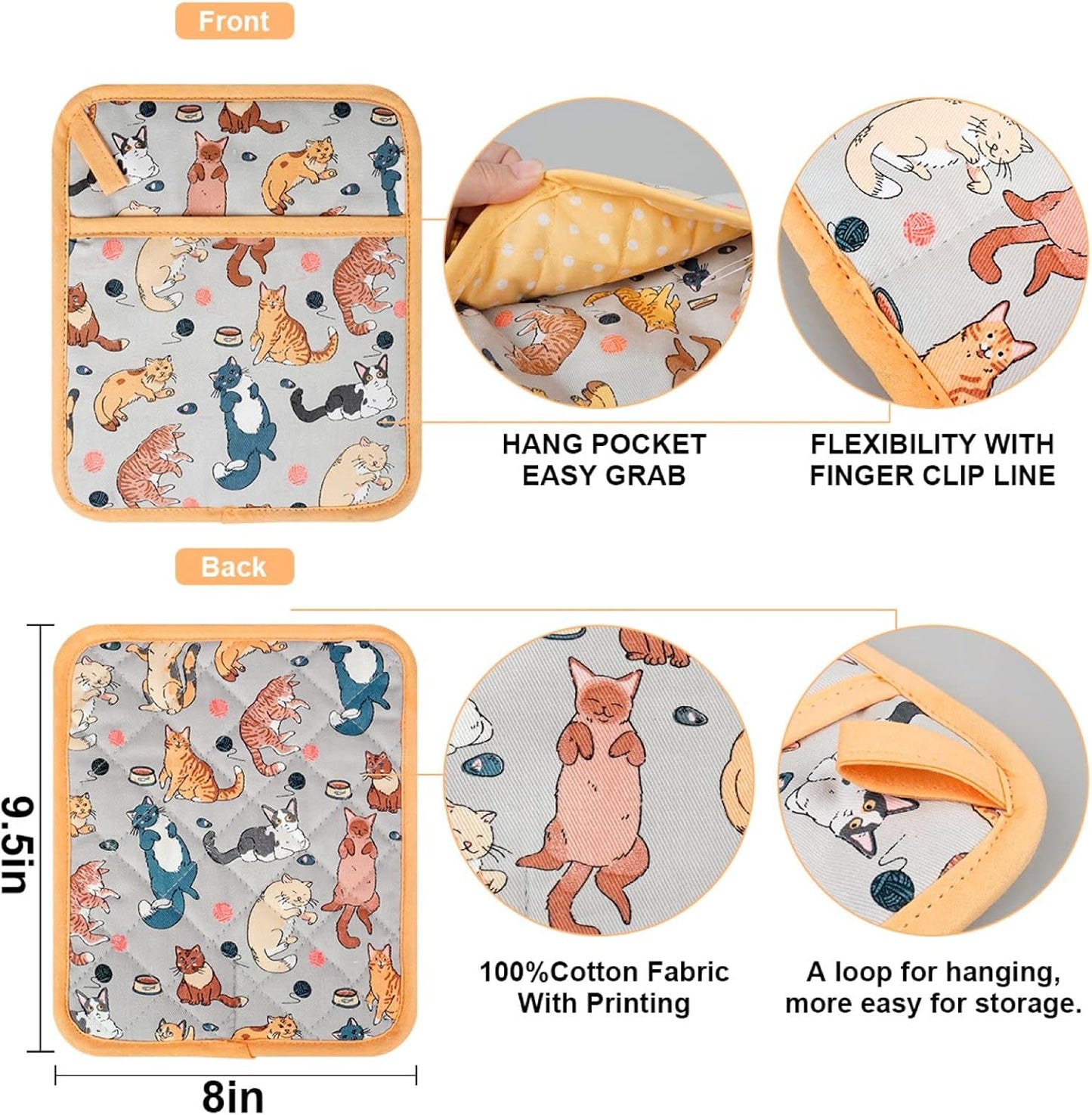 Pot Holders Set of 2 Heat Resistant 480℉ Kitchen 100% Cotton Comfortable Lining Printing Fox Flower Women Men Home Cooking Baking Microwave BBQ Gift (Cat potholder)