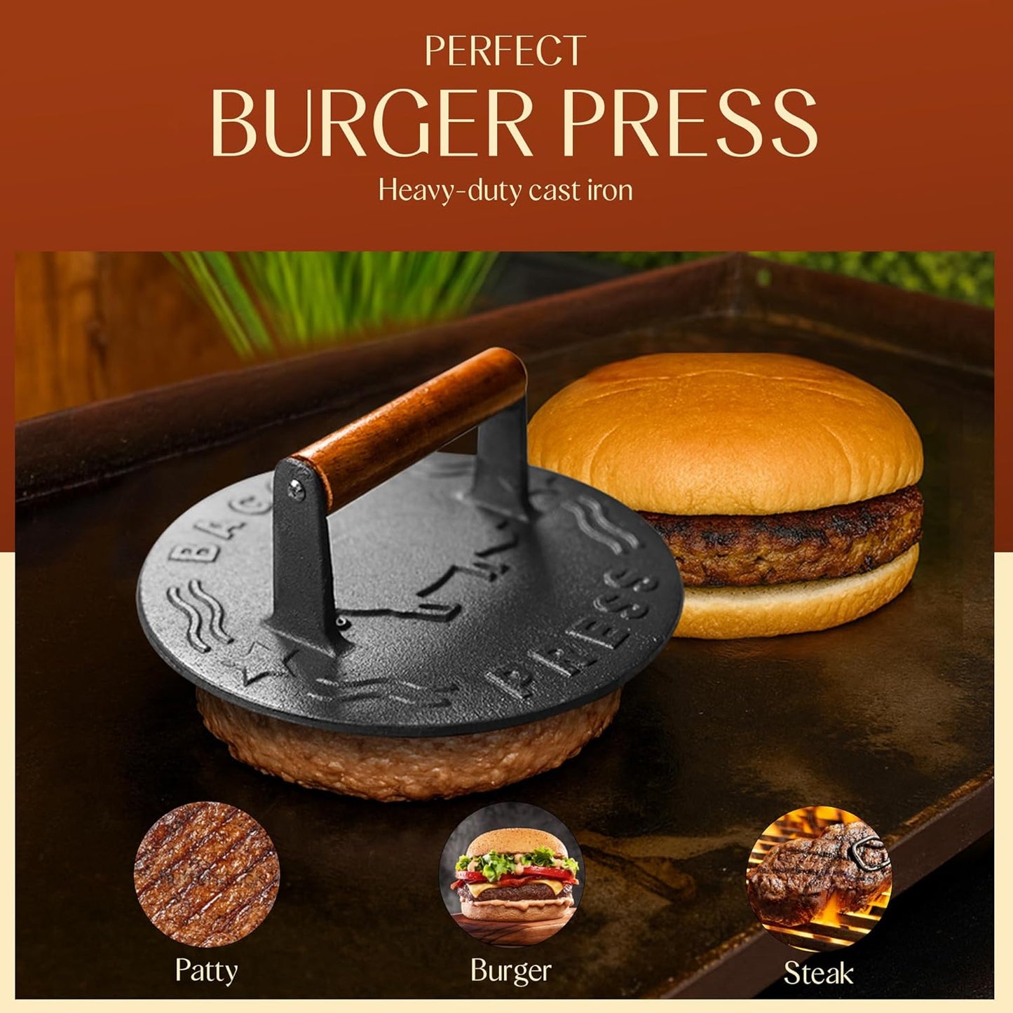 Heavy-Duty Cast Iron Burger Press 8.5 Inch Round Burger Smasher, Grill Press for Cooking Burgers, Bacon, Sandwiches, Steak, Ground Beef, Meats, Sausages, and So On