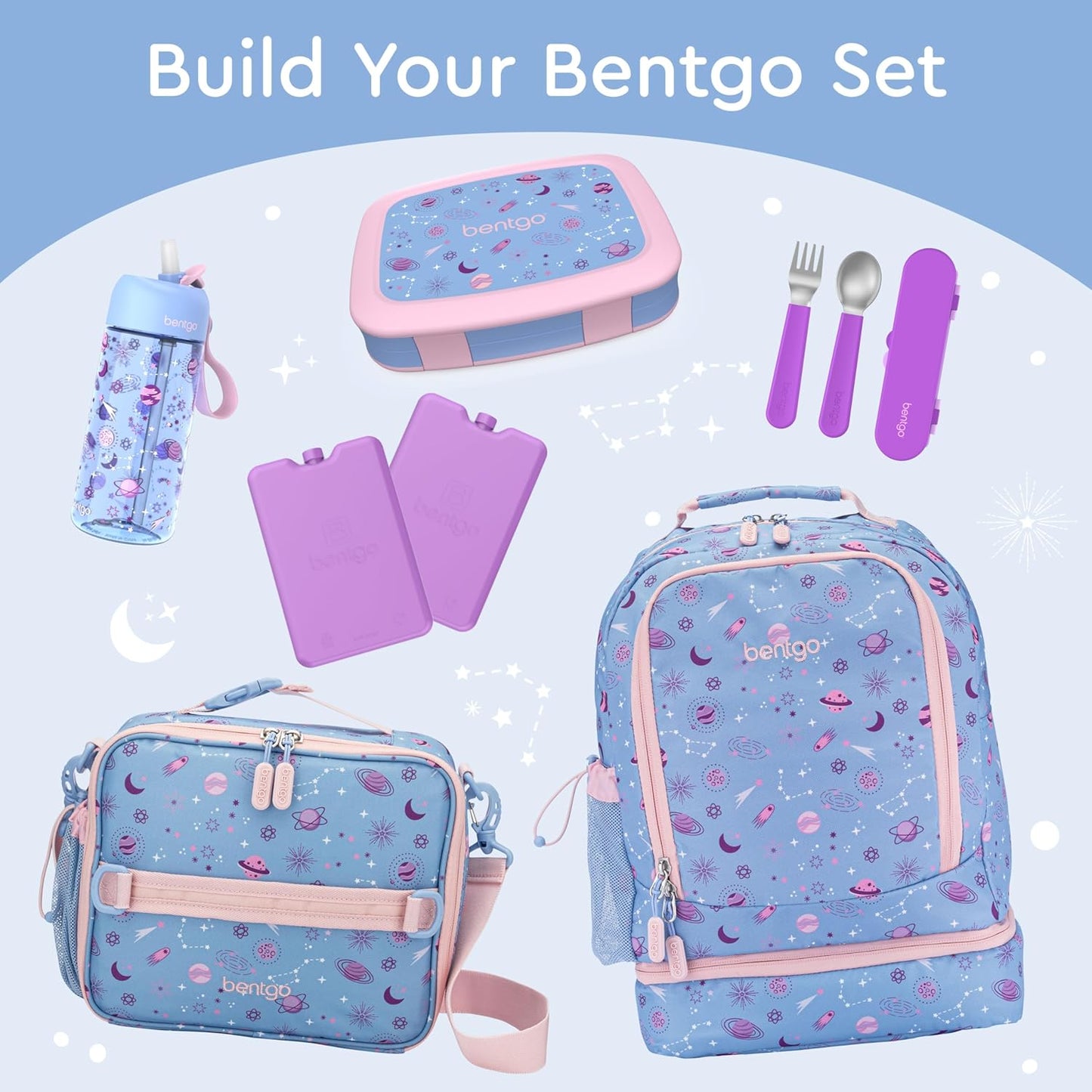 Bentgo Kids Prints Leak-Proof, 5-Compartment Bento-Style Kids Lunch Box - Ideal Portion Sizes for Ages 3-7, Durable, Drop-Proof, Dishwasher Safe, & PFAS & BPA-Free Materials (Lavender Galaxy)