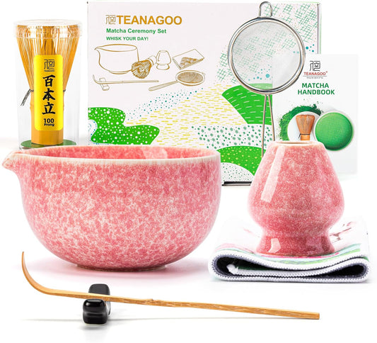 TEANAGOO Matcha Whisk Set,7 Pcs Matcha Set Pink,Ceremony Matcha Kit,Matcha Tea Set for Making Latte,Ceramic Bowl(chawan) whith Spout and Whisk,Gift for Matcha Lovers