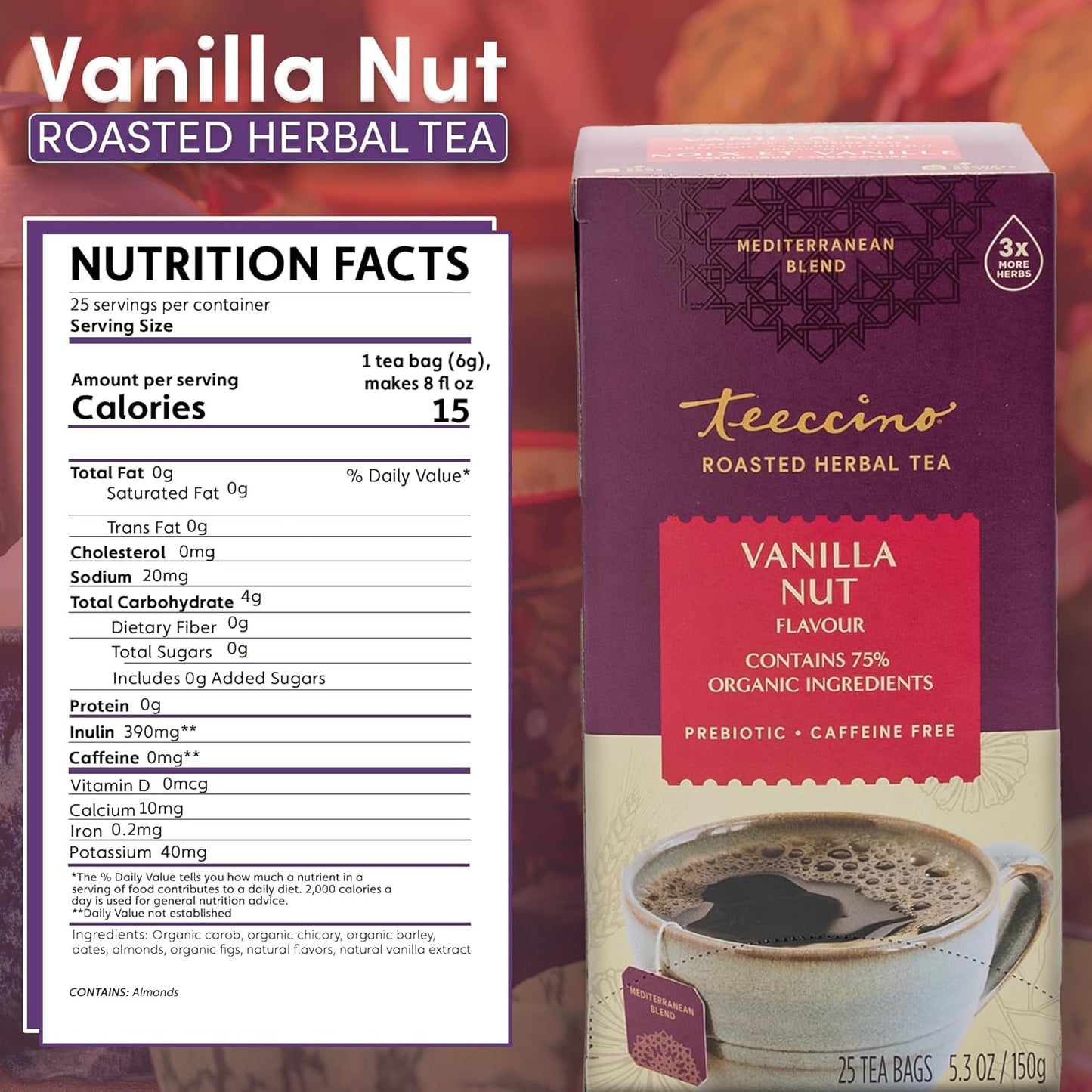 Teeccino Vanilla Nut Herbal Tea - Rich & Roasted Herbal Tea That’s Caffeine Free & Prebiotic for Natural Energy, 25 Tea Bags (Pack of 3)