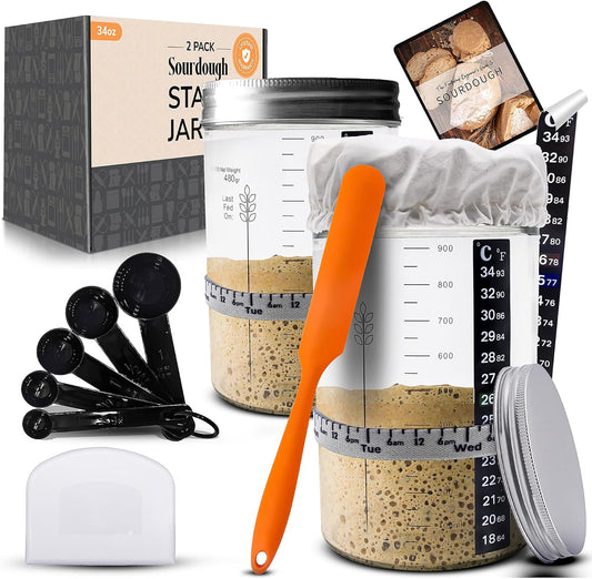 Sourdough Starter Kit - 34oz Large Capacity Glass Fermentation Jar with Lid, Silicon Spatula, and Measuring Spoons - Beginner Sourdough Starter Kit, Sourdough Bread Baking Supplies, Fermentation Kit