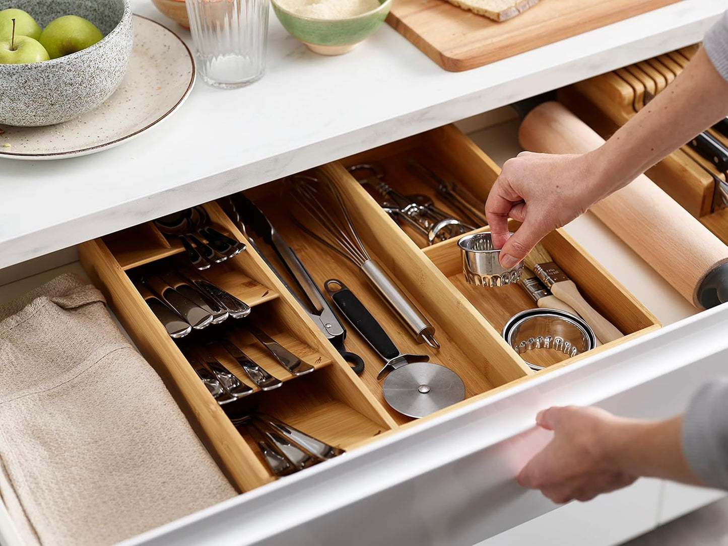 Joseph Joseph DrawerStore Compact Utensil Organizer For Kitchen Drawer Silverware, Flatware Tray, Large, Bamboo