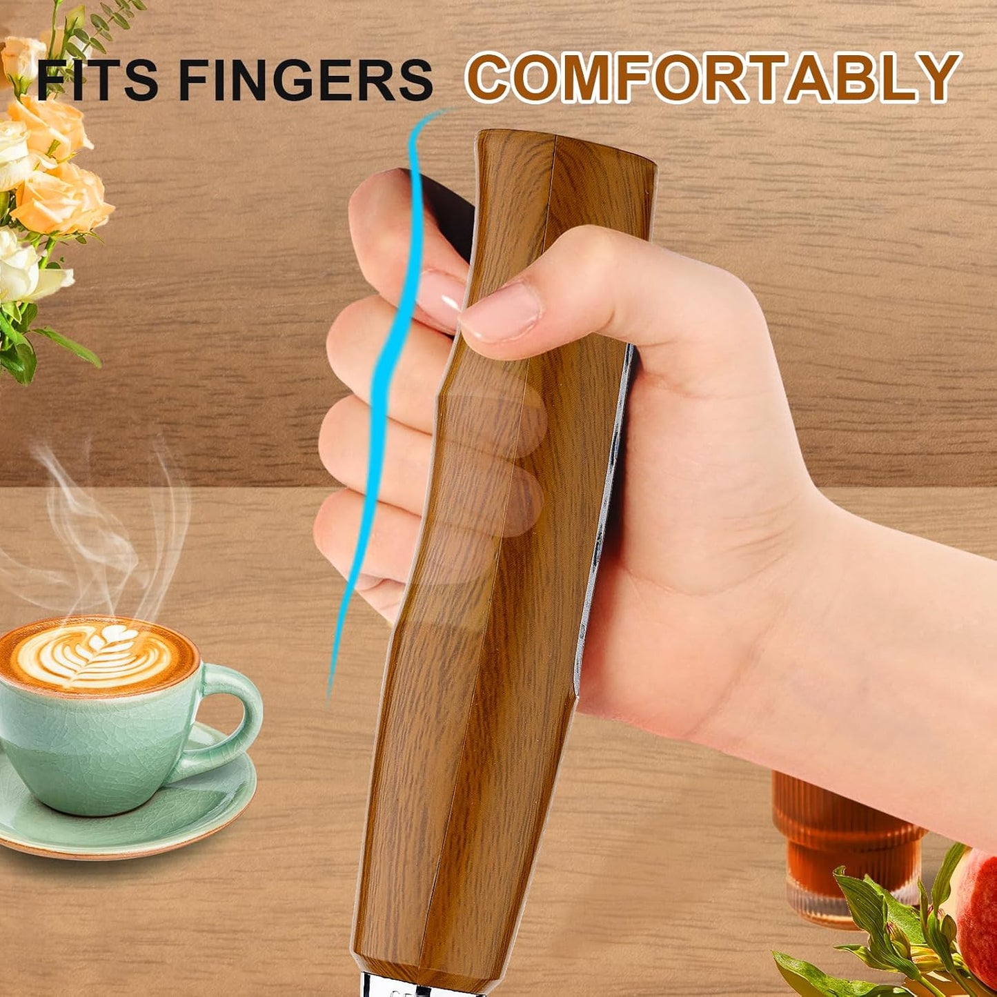 YUSWKO Wood Grain Handheld Milk Frother Wand with Stand for Coffee, Rechargeable Electric Whisk with 3 Heads 3 Speeds Drink Mixer Coffee Frother For Latte, Cappuccino, Hot Chocolate, Egg