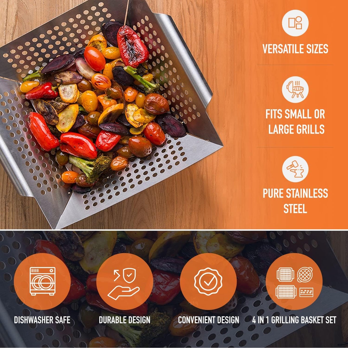 Yukon Glory 3-Piece Mini Grill Basket Set, Perforated Stainless Steel Vegetable BBQ Baskets With Grill Pan Topper, Square & Round, Dishwasher Safe