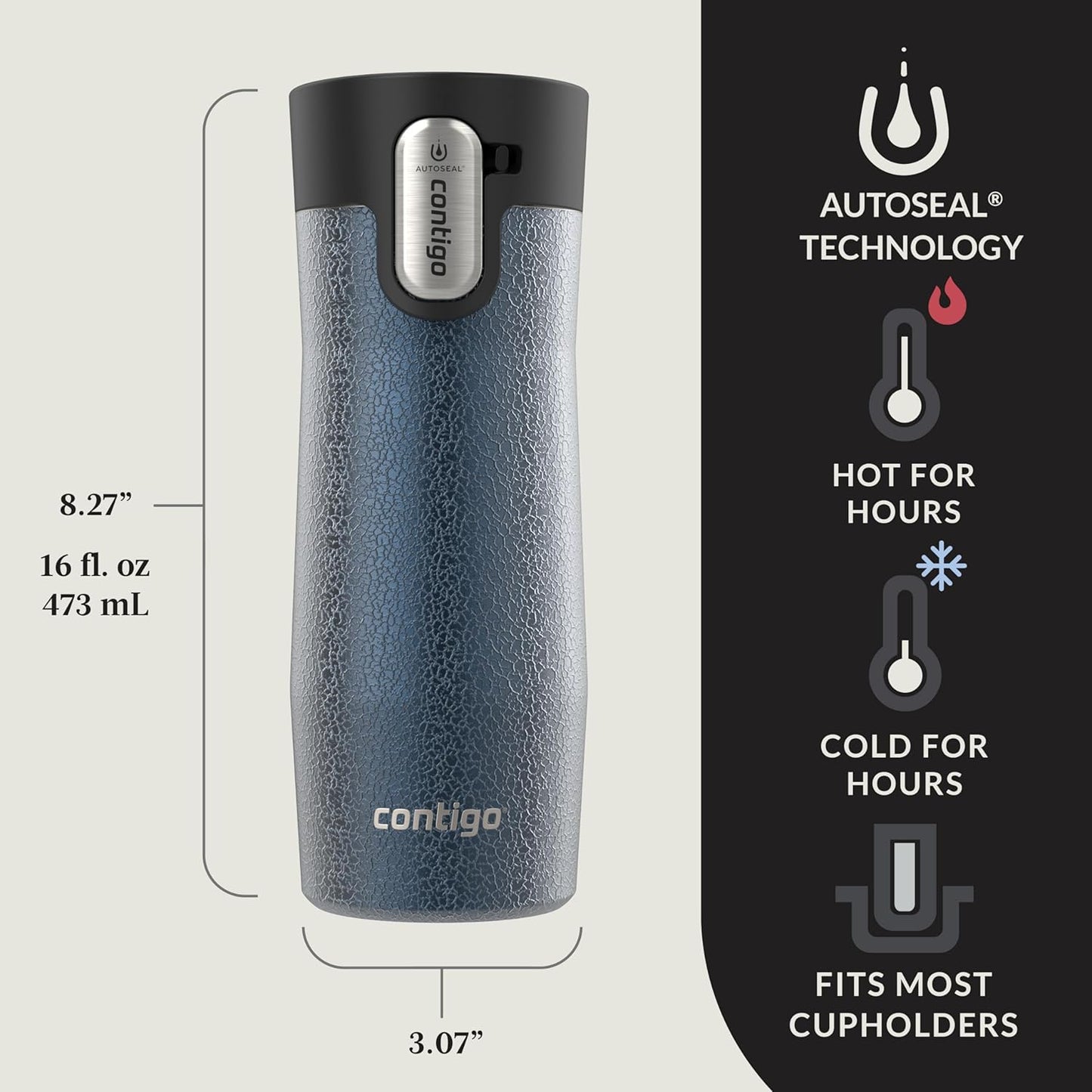 Contigo® AUTOSEAL® West Loop Vacuum-Insulated Stainless Steel Travel Mug with Easy-Clean Lid, 16 oz, Crystal Blueberry