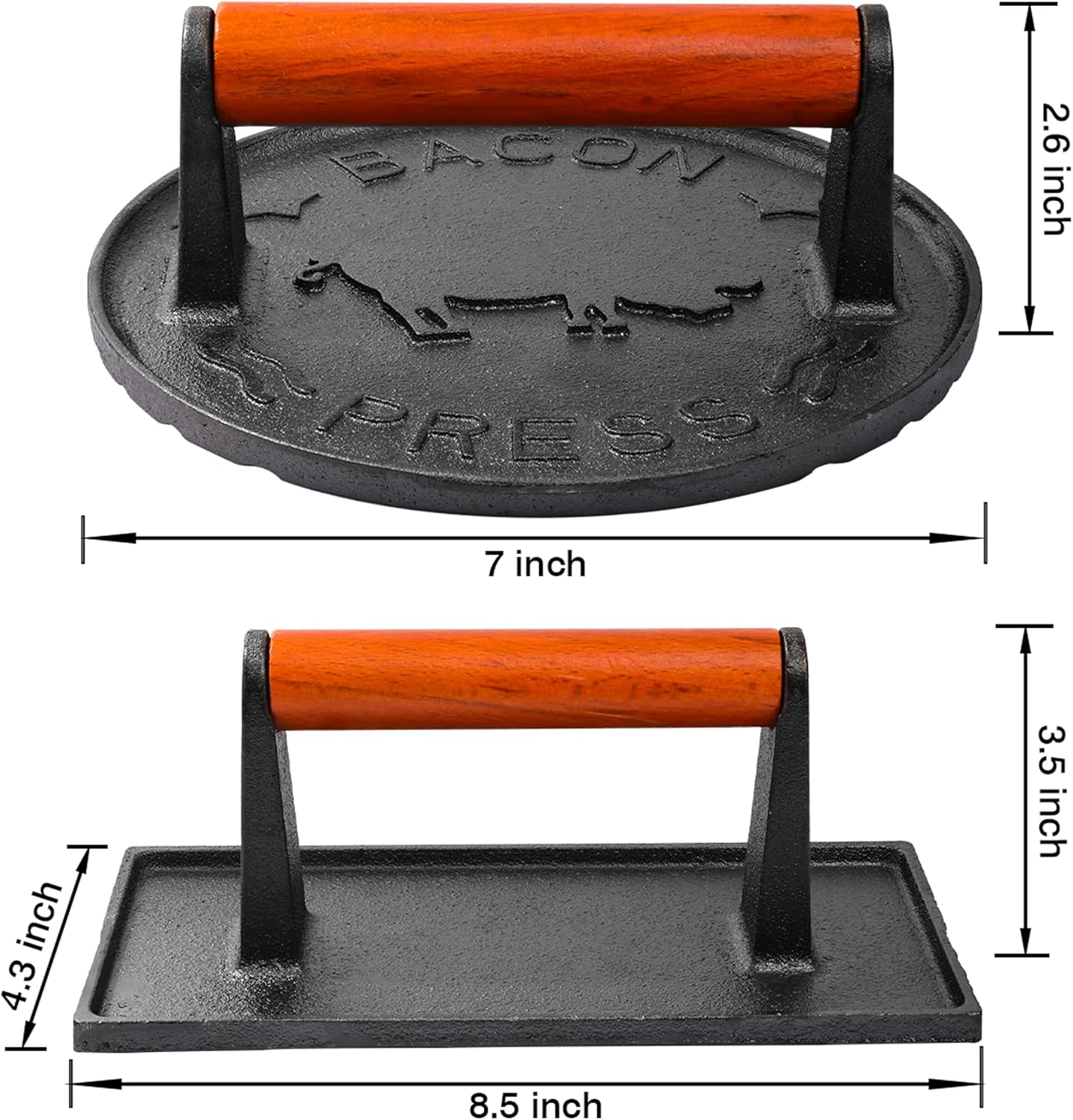 vivicreate 8.5 inch Rectangle & 7 inch Round Smash Burger Hamburger Smasher Patty Maker cast Iron Grill Weight Bacon Press Wood Handle prensa de hamburguesas prensa de Hierro fundido