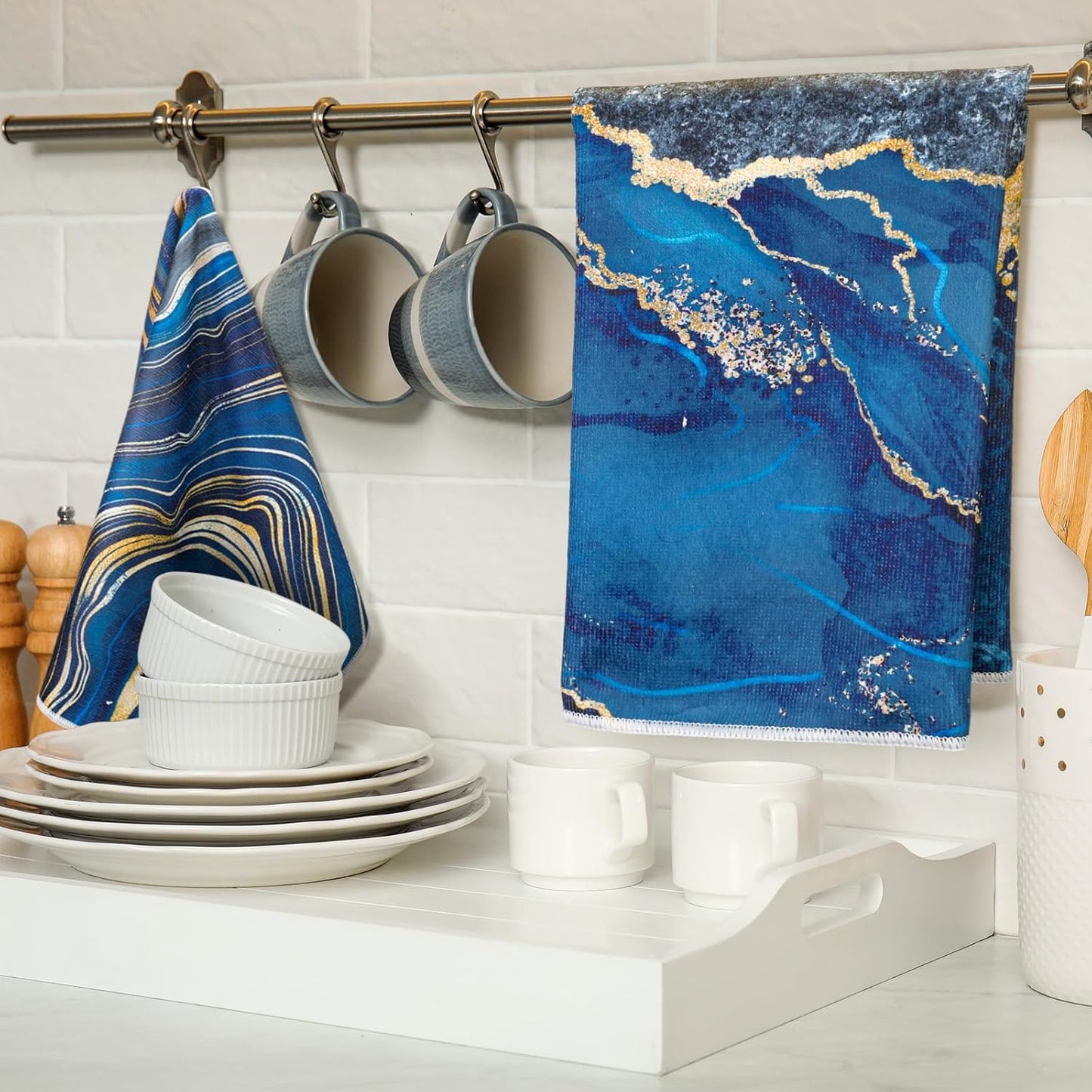 Boyiee Set of 6 Marble Kitchen Towels Blue Gold Hand Modern Absorbent Soft Decorative Dish Tea Towels 24 x 16 Inches Kitchen Gifts for Farmhouse Bathroom Decorations
