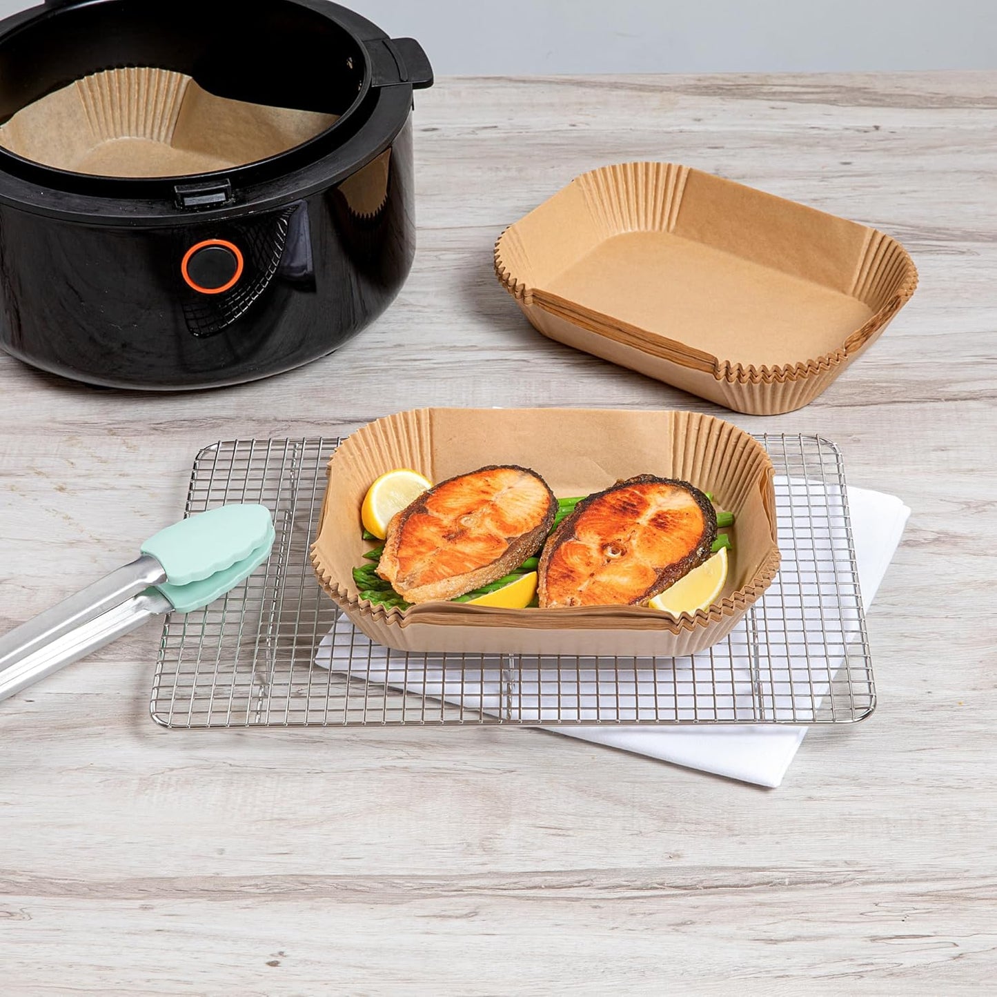 Restaurantware-Pastry Tek 8.1 x 5.5 x 1.8 Inch Air Fryer Liners, 100 Rectangle Air Fryer Baskets - No-Stick Silicone Coating, Unbleached, Food-Grade Paper Liners, For Steamer, Microwave, Oven