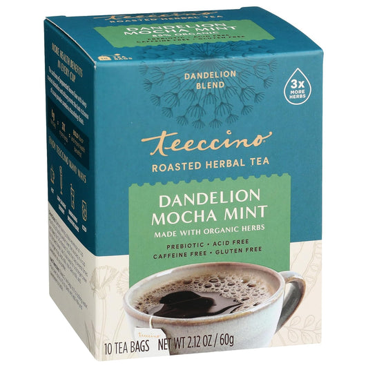 Teeccino Dandelion Mocha Mint Tea - Caffeine Free, Roasted Herbal Tea with Prebiotics, 3x More Herbs than Regular Tea Bags, Gluten Free - 10 Tea Bags