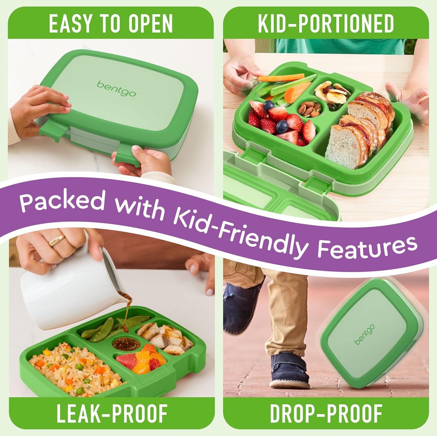Bentgo Kids Bento-Style 5-Compartment Leak-Proof Lunch Box - Ideal Portion Sizes for Ages 3 to 7 - Durable, Drop-Proof, Dishwasher Safe, PFAS & BPA-Free & Made with Food-Safe Materials (Green)