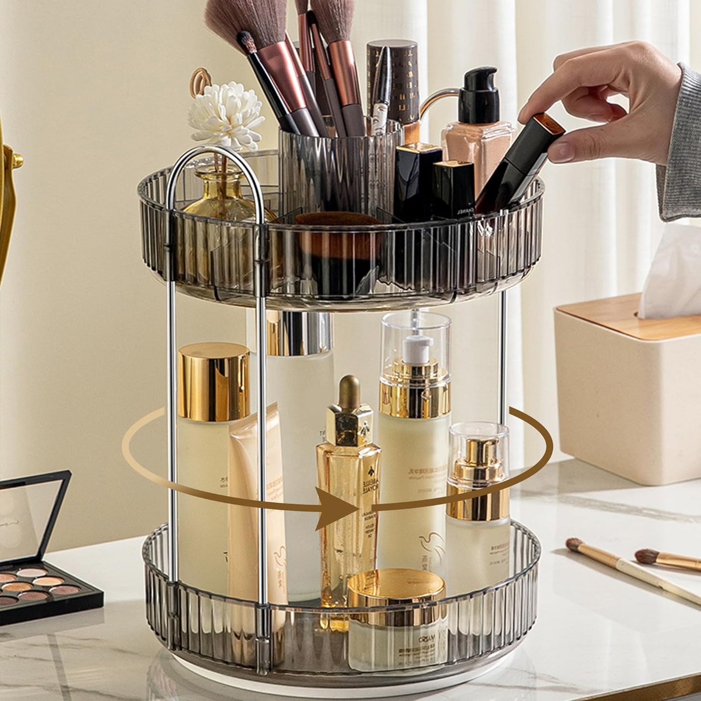 Aveniee 360° Rotating Makeup Organizer for Vanity, Upagraded Perfume Skincare Bathroom Counter Organizers with Brush Divider, Two Tier Spinning Lipstick Cosmetic Lotion Storage,Grey