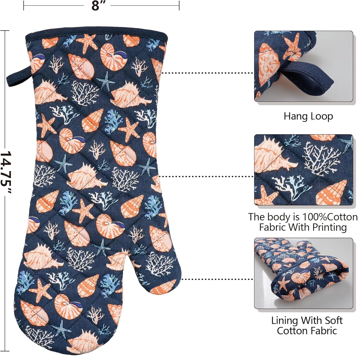 Oven Mitts Cotton Fashion Cute Cowry Design 1pair Heat Resistant Oven Gloves Safe Cooking Baking Grilling Barbecue Machine Washable Pot Holders (Cowry)