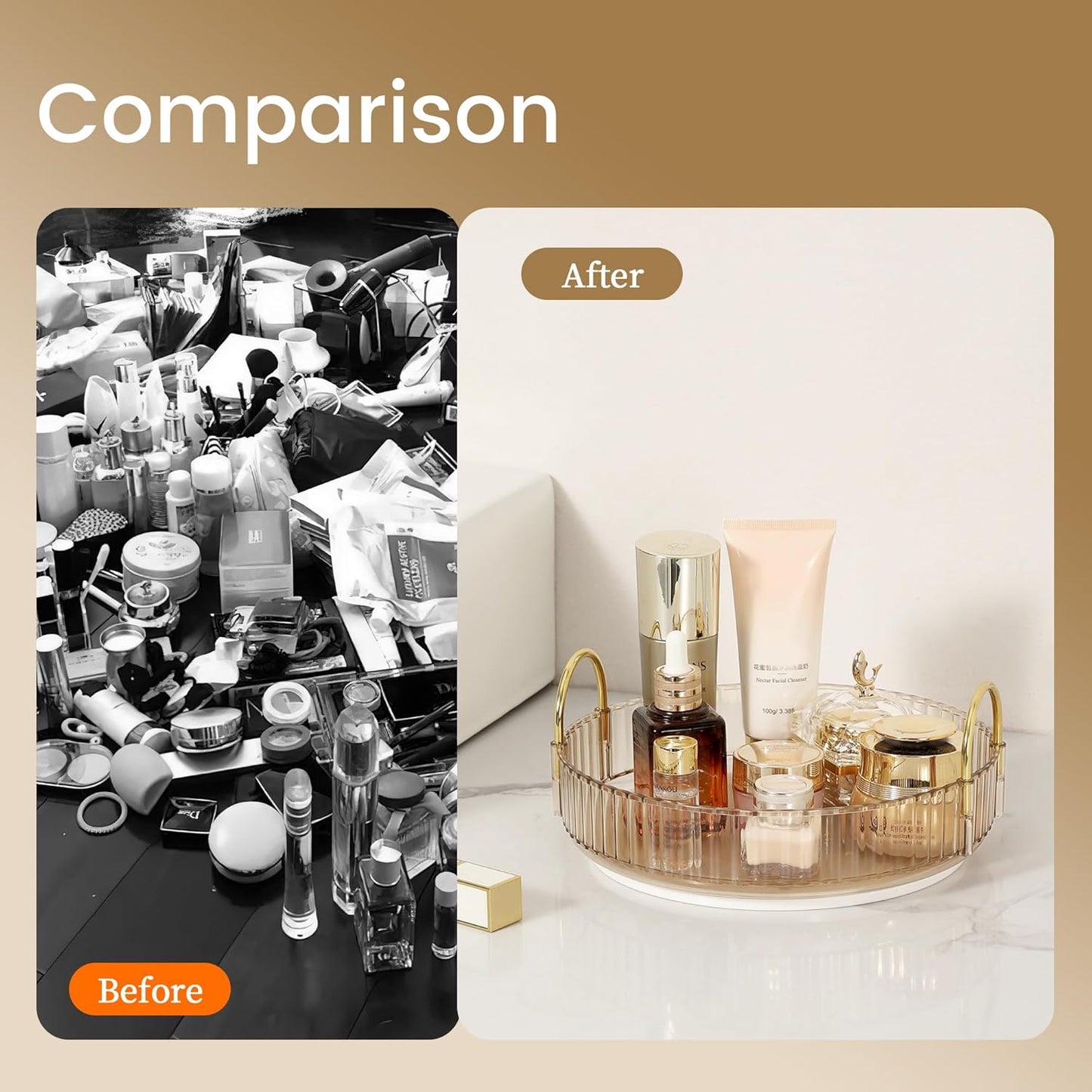 360 Rotating Makeup Organizer for Vanity, Skincare Perfume Organizers and Storage for Bathroom Countertop, Clear Counter Make Up Cosmetics Lipstick Spinning Holder for Dresser,1 Tier,Gold